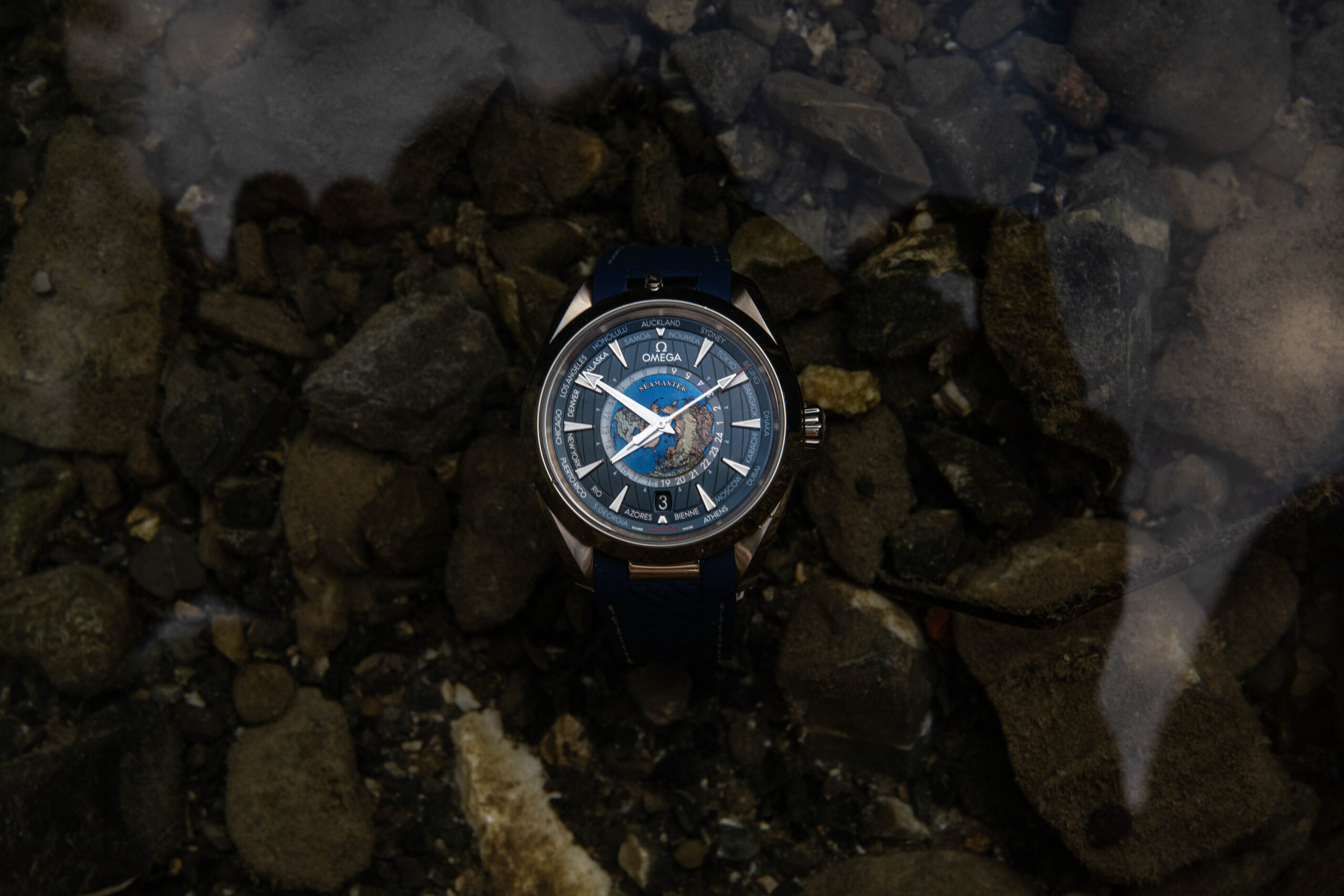 Watch slightly underwater, demonstrating robust water resistance